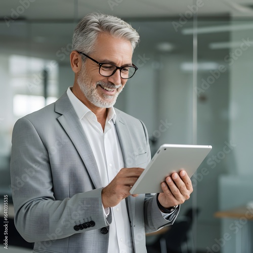 Smiling businessman in gray suit using a tablet in office