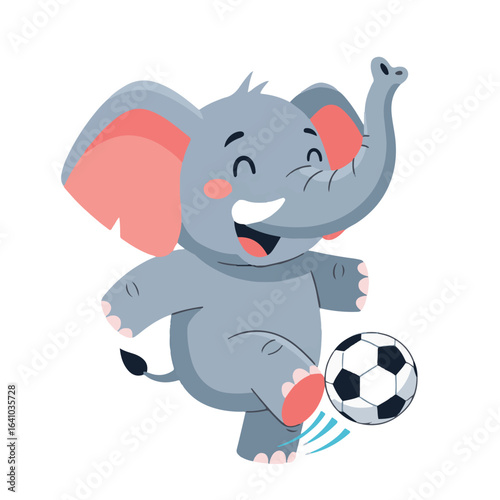 A cartoon elephant smiles while kicking a soccer ball, depicted in a playful and cheerful style.