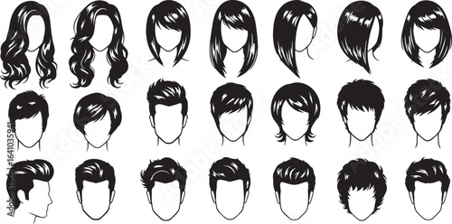 Hairstyles Silhouette Collection Vector, Male & Female Haircuts Icon Set