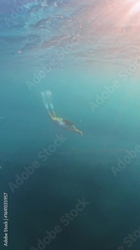 Wallpaper Mural Freediving, underwater, woman swimming in clear blue ocean with sun rays. Vertical video. Torontodigital.ca