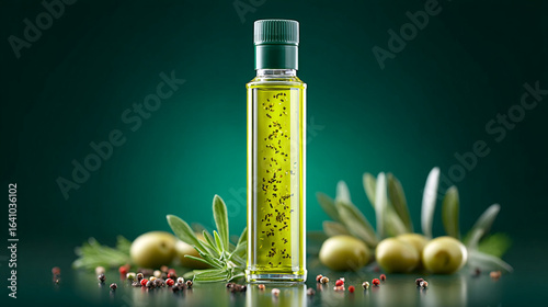 A bottle of olive oil with herbs and olives on a dark green surface