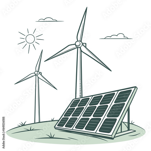 Two wind turbines and solar panel on grassy hill with sun and clouds