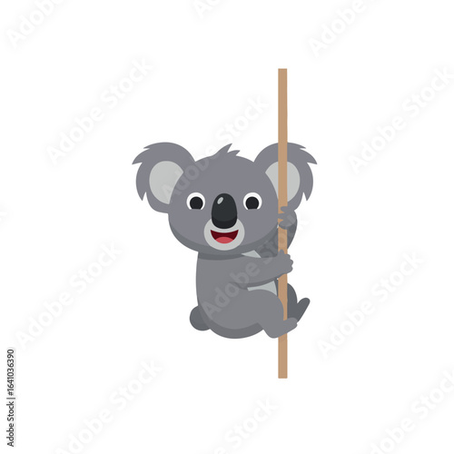 A cheerful cartoon koala bear clings happily to a vertical wooden post.