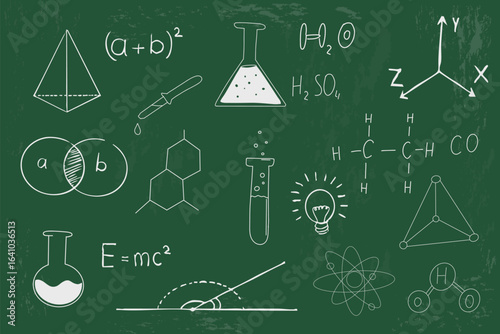Science doodle hand drawn elements on school green blackboard chalk sketch drawing. Chemistry calculations formula lab flasks, idea set. 