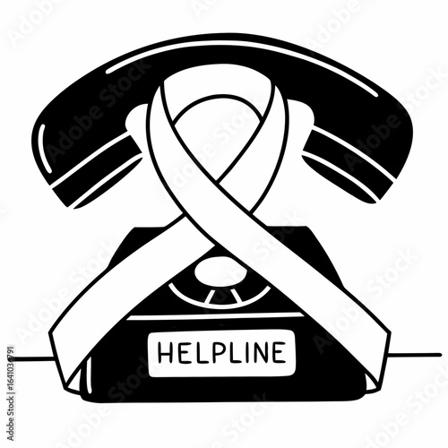 Black and white helpline phone with awareness ribbon
