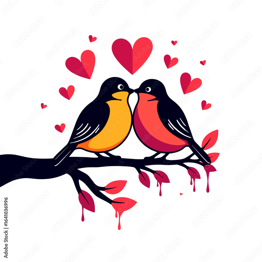 Obraz premium Lovebirds on a Branch with Hearts, Romantic Nature Symbol