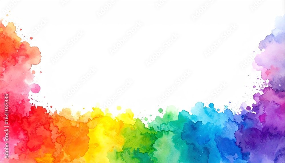 Fototapeta premium Vibrant watercolor rainbow background with a colorful paint splash border, leaving a large white space for copy, perfect for invitations, posters, and creative designs