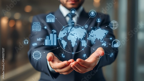 Introduction, businessman holding icons, business and global communication network, digital transformation strategies, market expansion initiatives, cutting-edge technology integration.