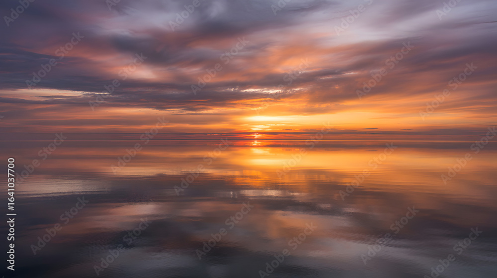 Fototapeta premium Dramatic sunset over calm water reflecting fiery clouds