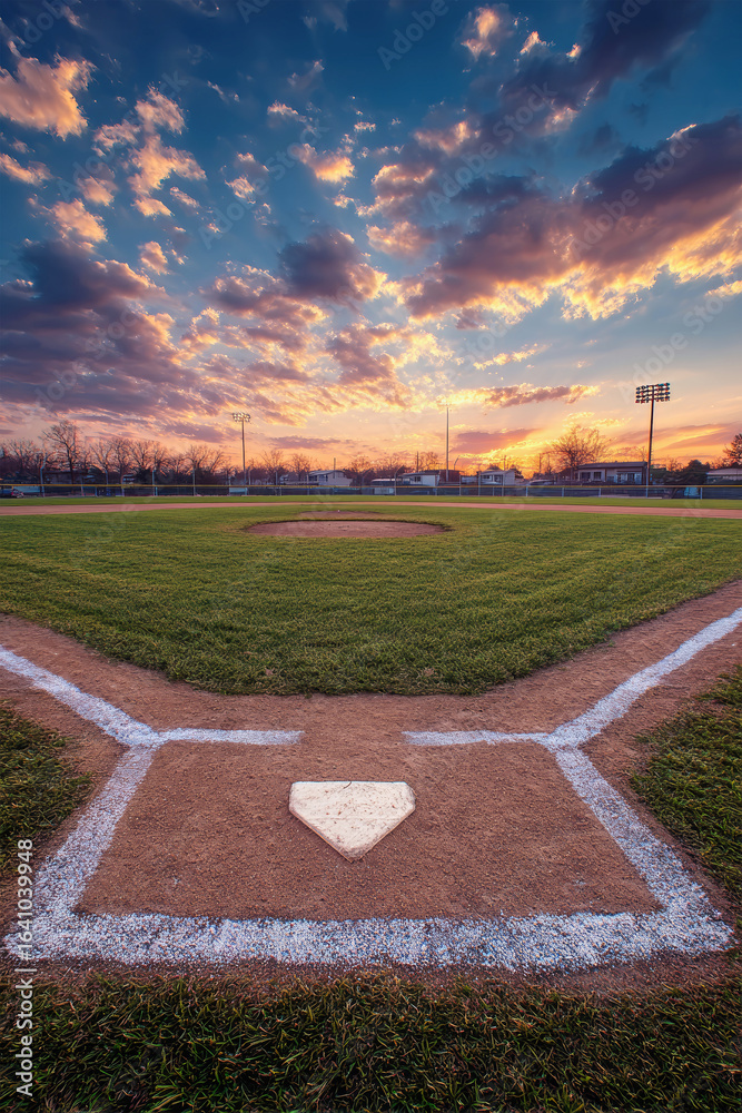 Obraz premium Evening light casts a warm glow over the baseball field during sunset, creating a magical atmosphere for sports lovers