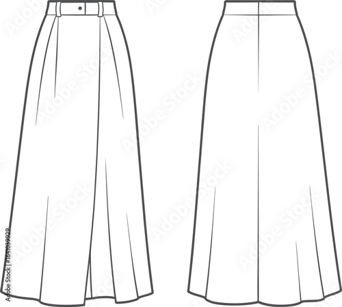 Fashion technical sketch of elegant long skirt, front and back view, perfect for apparel design, sewing patterns, garment illustration, styling