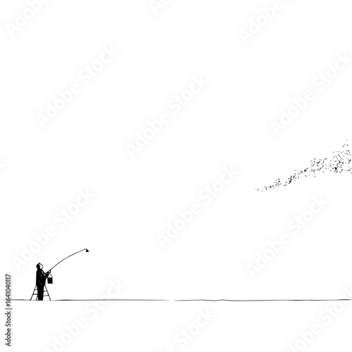Vector a lone figure on a ladder painting a flock of birds into existence on a stark white background scene minimilist