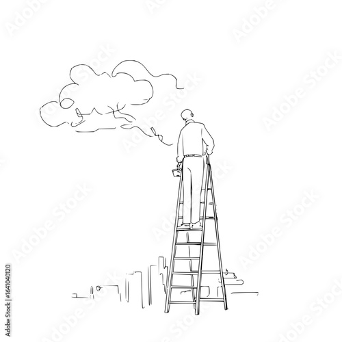 Vector a man on a ladder painting a cloud above a city skyline in a minimalist black and white drawing style minimilist