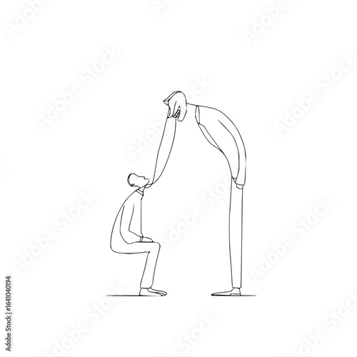 Vector line drawing depicts a tall figure looming over a smaller kneeling figure with hand near neck area minimilist
