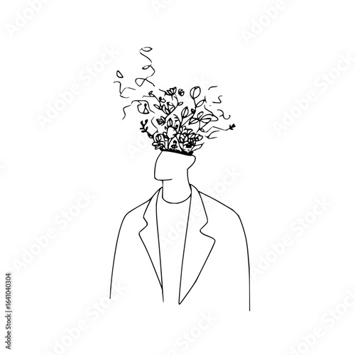 Bild auf Leinwand Vector minimalist line drawing of a person with plants growing out of their head