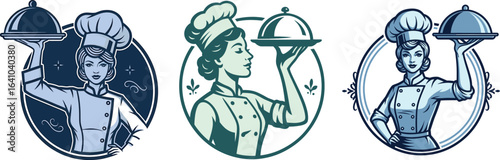 Vintage Female Chef Mascot Logo Set for Restaurants and Catering. woman cook, restaurant, food service