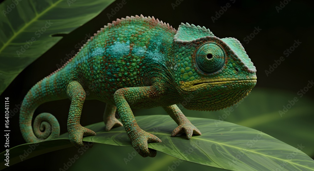 Fototapeta premium Vibrant chameleon perched on lush green leaf, showcasing intricate scales and textured skin detail.
