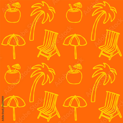 Vibrant tropical seamless pattern with palm trees, coconut drinks, umbrellas and beach chairs on orange background