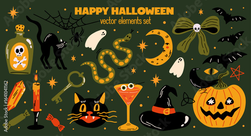 Halloween themed vector sticker elements set. Collection of cute groovy funky witchy aesthetic cartoon illustration of spooky magical witchcraft objects, pumpkin, skull, black cat, bats, ghost