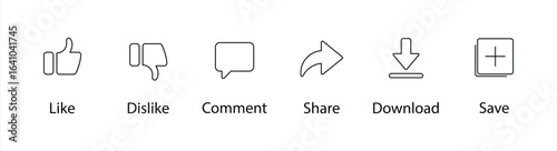 Set of Social Media Interaction Icons — Like, Dislike, Comment, Share, Download, and Save Symbols in Minimal Line Style for Web and App UI Design