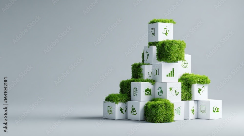 Obraz premium Sustainable Technology Concept with Eco-Friendly Icons on White Cubes Stacked with Mossy Green Accents