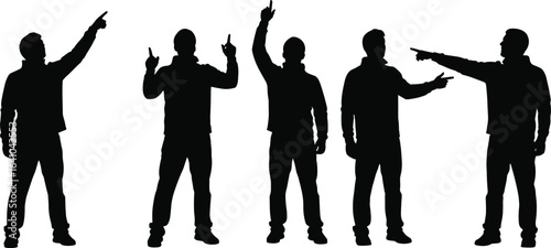 Silhouette of Diverse Men Pointing Up and Forward, Indicating Direction, Success, or Information, Group of People Gesturing