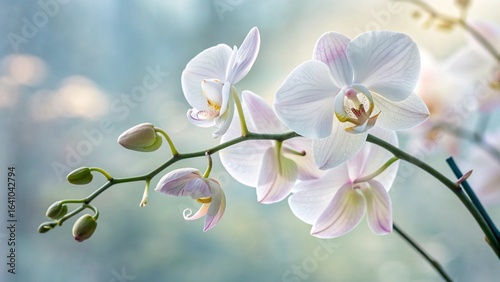 A vibrant pink orchid blossom blooms beautifully on a striking blue background