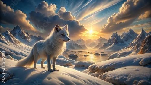 A wild red fox and a wolf, both mammals with thick fur, are hunting in the snowy winter forest