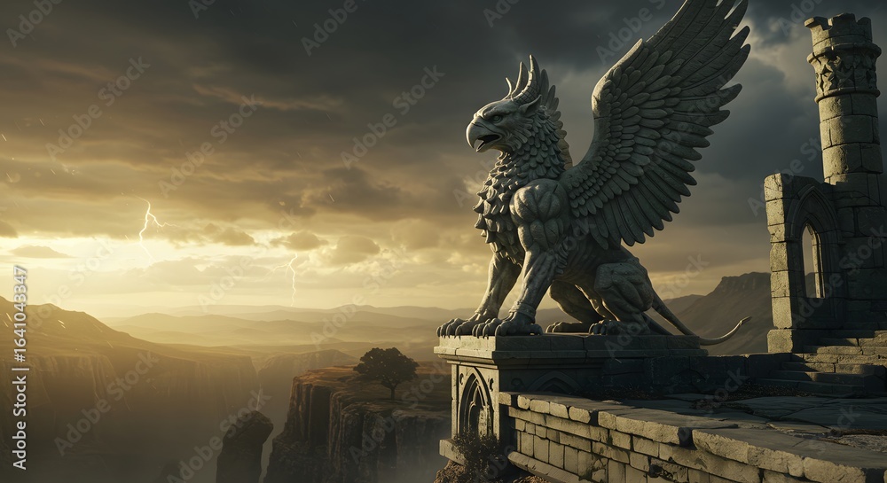 Fototapeta premium Majestic griffin statue guards ancient ruins overlooking stormy mountain landscape with lightning strikes
