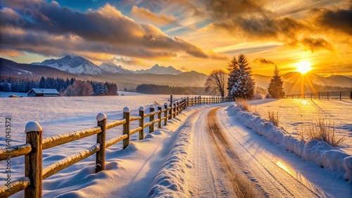 Beautiful morning sunrise over a cold, snowy winter lake landscape with clouds and trees