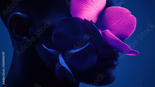 A person's face with vibrant flowers