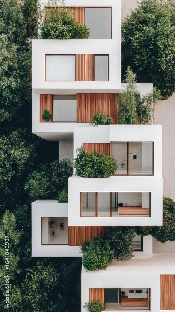 Obraz premium White modern building exterior stands among green foliage. Windows with wood design and shrubbery outside this geometric architectural creation.