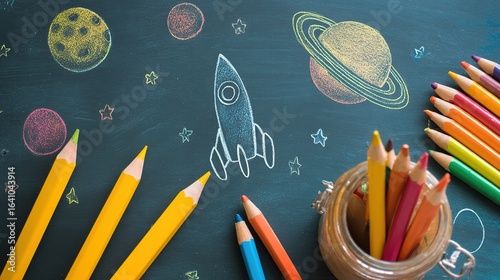 Blackboard with chalk drawings of rocket, planets (space themes), beside colorful pencils and glass jar, creating campus creativity and cosmic exploration atmosphere.