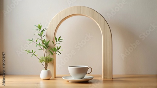 Hot ceramic cups of coffee and tea are served on a white table, creating a warm breakfast beverage scene