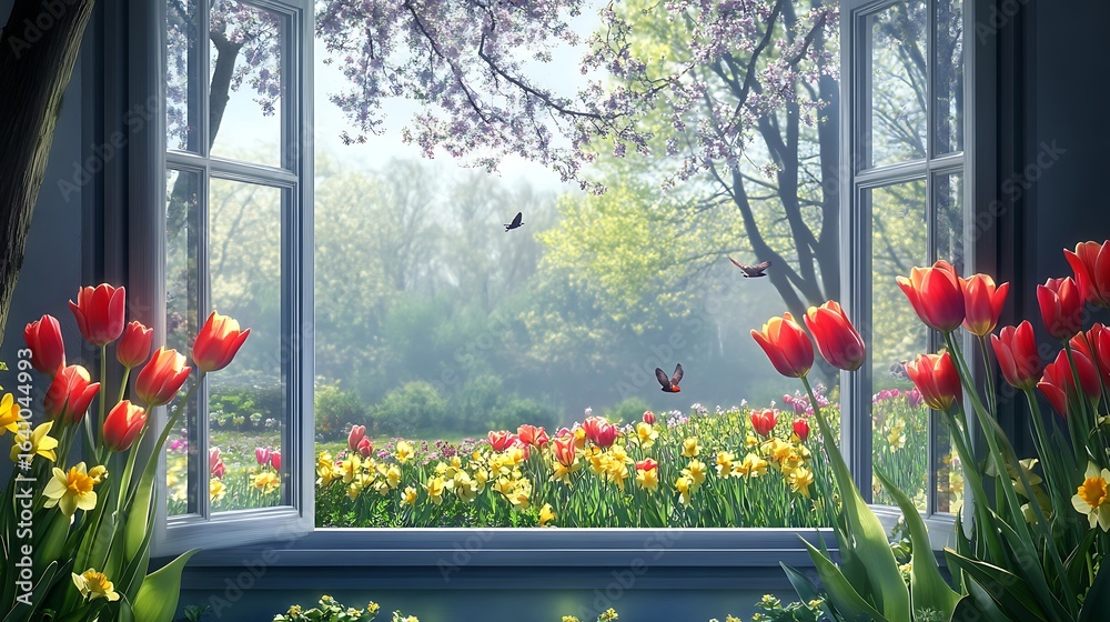 Obraz premium Springtime garden view through window
