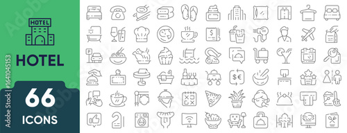 Hotel and Vacation Line Icon Set. Set of 66 outline icons including accommodation, booking, luggage, travel, swimming pool, relaxation, and hospitality. Editable stroke. Linear vector illustration.