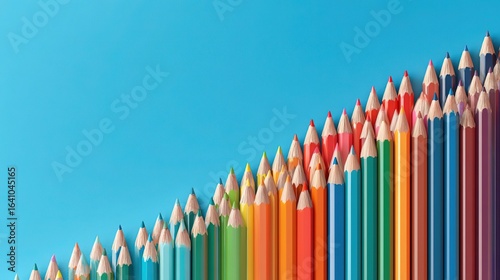 Neatly arranged colorful pencils on blue background, presenting creative, stationery and color scene.