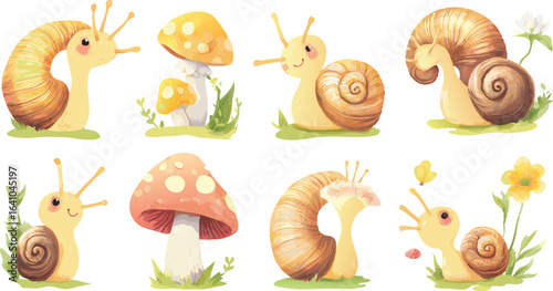 Cute Cartoon Snails and Mushrooms Illustration Set with Flowers and Greenery on White Background
