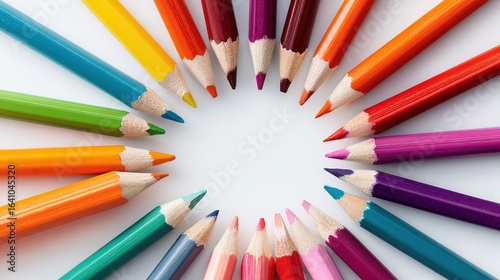 Colorful pencils arranged in circle on white background, presenting creative, stationery and color scene.