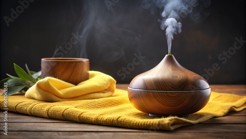 Still life with a vintage white teacup on a brown wooden table, with cinnamon sticks and a healthy food bowl