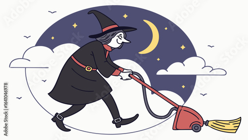 A witch vacuuming the night sky with a crescent moon stars and clouds in a cartoon style illustration