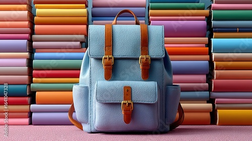 Light Blue Backpack With Brown Buckles And Colorful Books Stacks On Pink Table