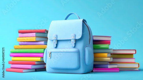 Light Blue Backpack With Colorful Books Stacks On Blue Background