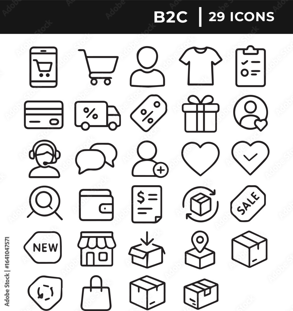 Business to customer B2C line art icon set collection vector illustration Business to customer B2C line art icon set collection vector illustration