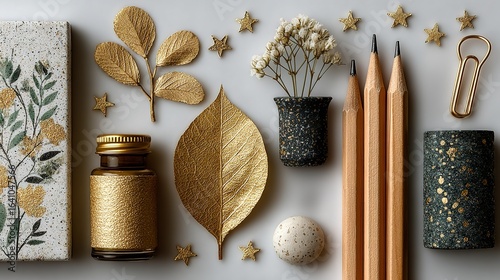 Stationery With Golden Decorations, Brown Pencils, Golden - Patterned Bottle, Small Potted Plant On Light Gray Background