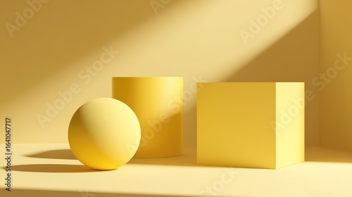Yellow Sphere, Cylinder And Cube On Light Yellow Background With Light And Shadow