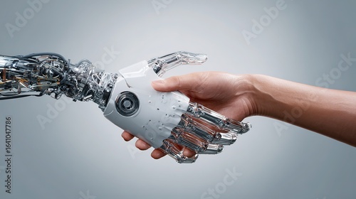 A Human Hand Shakes Hands with a Precisely Structured, White Mechanical Arm with Visible Internal Structure, Against a Light Gray Background, Showing a Friendly Interaction Between Technology and Huma