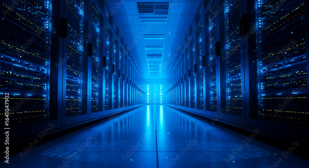 Fototapeta premium Futuristic blue server room with glowing lights and reflective floor