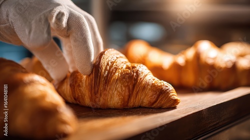Close-up of freshly baked croissants on a wooden tray, touched by a gloved hand, ready to serve.