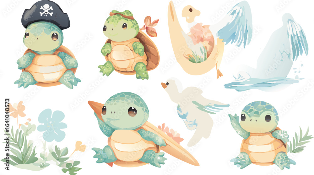 Fototapeta premium Collection of cartoon turtles and ocean elements in various poses and accessories
